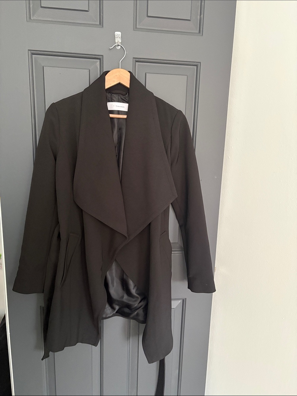 T Tahari Black Drape Front Trench Coat